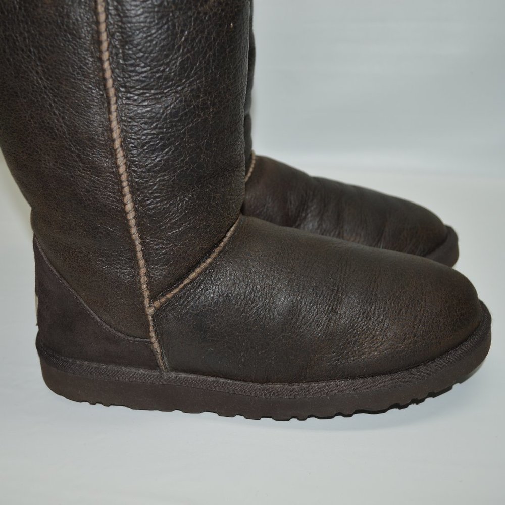 UGG Classic Tall Bomber Brown Leather Fur Lined - Picture 6 of 13
